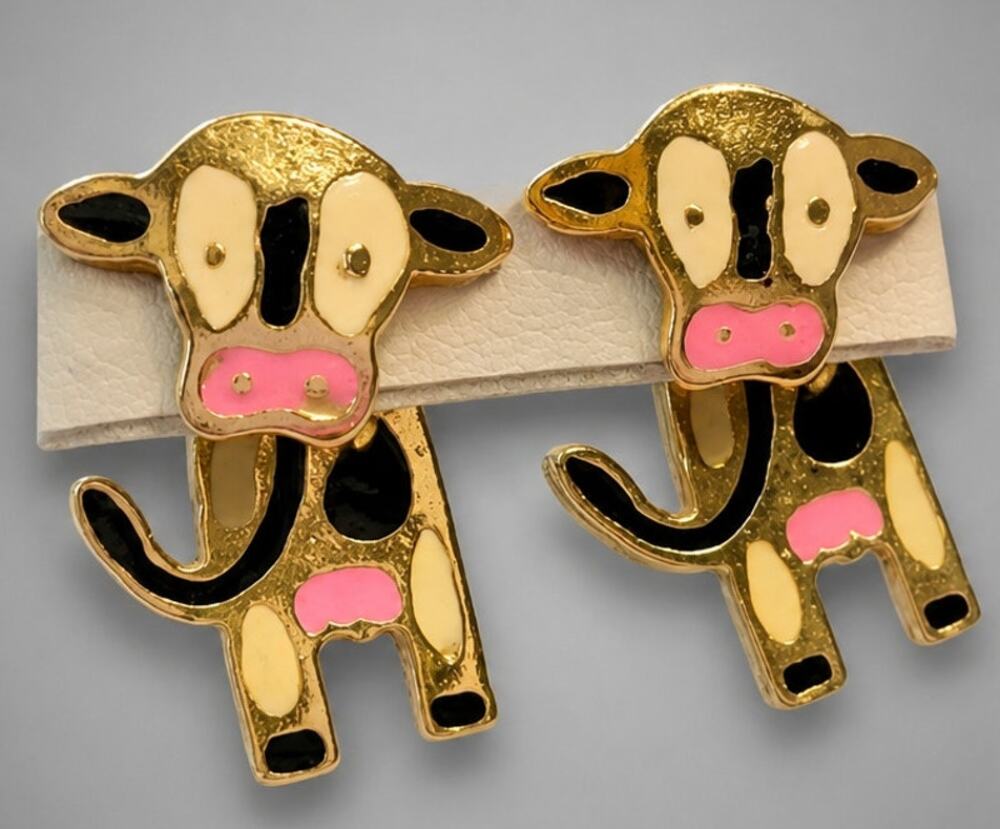 Enamel Cow Pierced Jacket Earrings 1 " Black White Farm Animal Cute wp-32